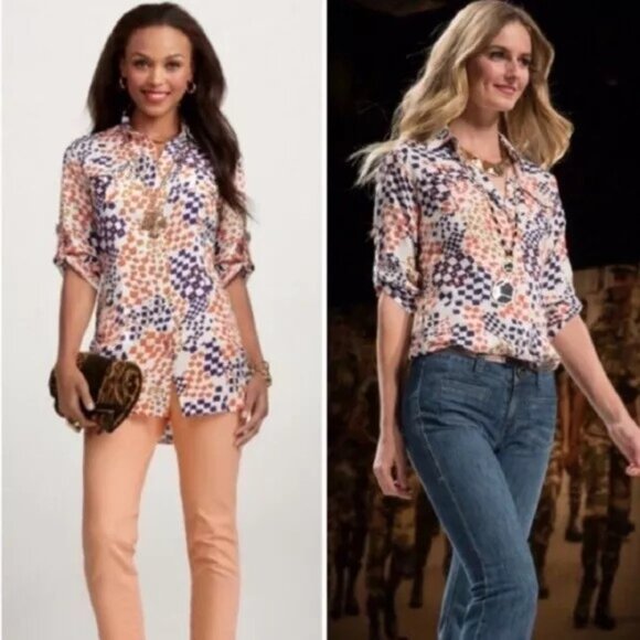 CABI White Blue Orange Button Collared Shirt Grand Prix 404 Top Blouse Sz Medium - Picture 1 of 5